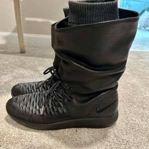 Nike Roshe 2 Hi Flyknit Slouch Leather Boots Sz 11 All Black Gray 861708